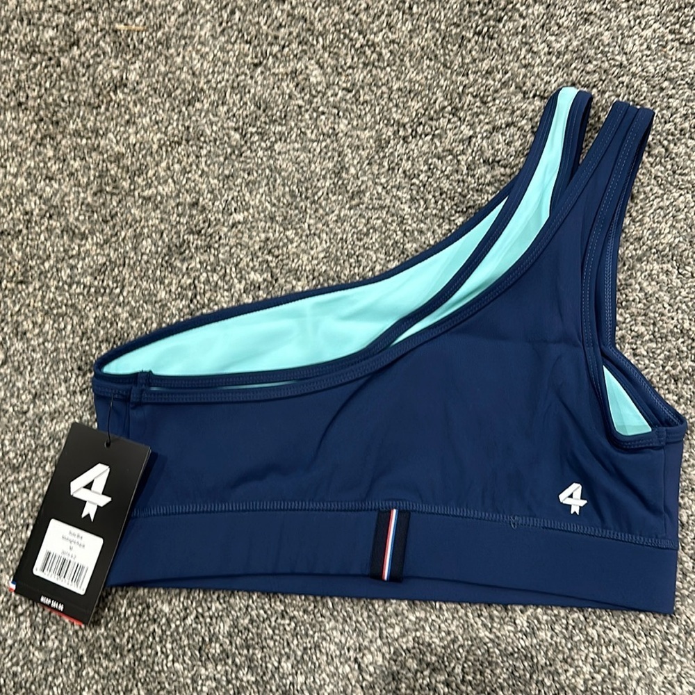 Nwt Fourlaps Solo Bra.  One shoulder. Navy and aqua.  Size large